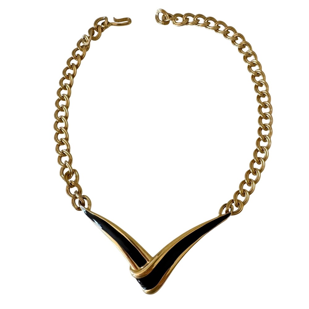 Vintage 1980s Gold‎ Tone Chain Necklace, V Neckline, Black Enamel, Adjustable